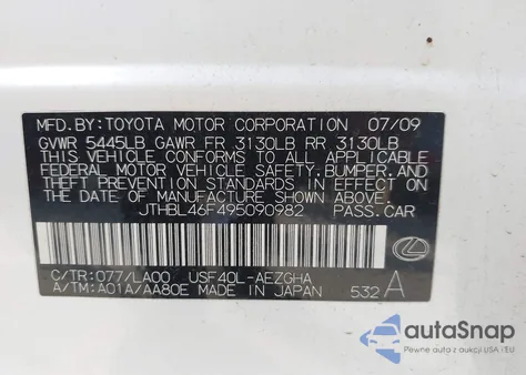 2009 Lexus Ls 460 z USA, uszkodzony, nr VIN JTHBL46F495090982